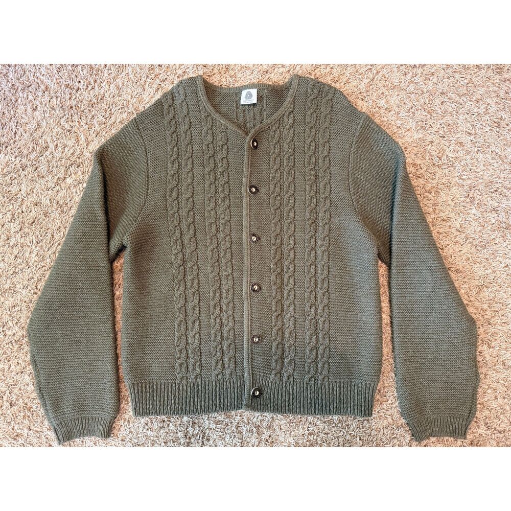 Vintage Women's Cable Knit Cardigan Sweater Pure New Wool Olive Green Size L